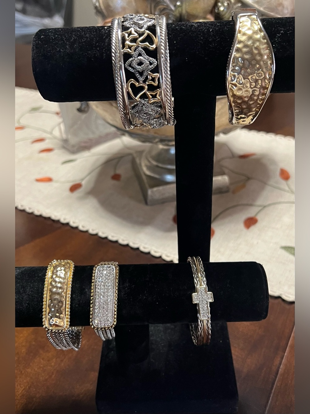 Two-Tone Silver and Gold Heart & Star Cable Cuff Bracelet LOT!
